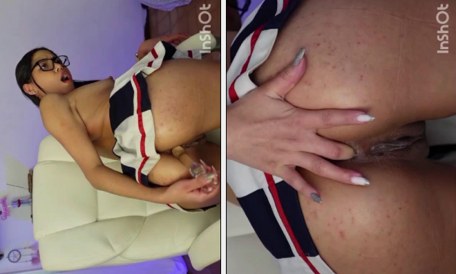 morena culona no trae nada por debajo de la falda y se mete el dildo en el culo